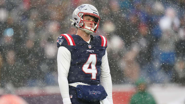 Jan 7, 2024; Foxborough, Massachusetts, USA; New England Patriots quarterback Bailey Zappe (4)