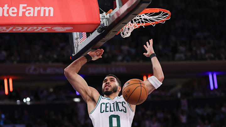 May 12, 2025; New York, New York, USA; Boston Celtics forward Jayson Tatum (0) dunks the ball in the second half during game four of the second round for the 2025 NBA Playoffs against the New York Knicks at Madison Square Garden. Mandatory Credit: Vincent Carchietta-Imagn Images