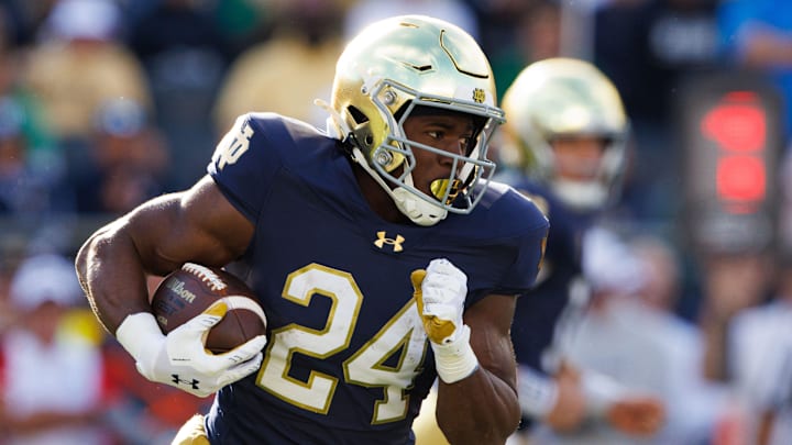 Notre Dame running back Jadarian Price runs the ball up the field during a NCAA college football game between Notre Dame and Northern Illinois at Notre Dame Stadium on Saturday, Sept. 7, 2024, in South Bend.
