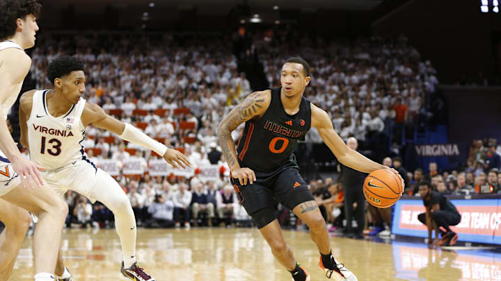 Feb 5, 2024; Charlottesville, Virginia, USA; Miami (Fl) Hurricanes guard Matthew Cleveland (0)