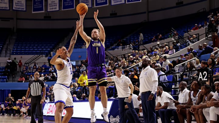 Dec 16, 2023; Hampton, Virginia, USA; James Madison Dukes guard Noah Freidel (1) shoots the ball