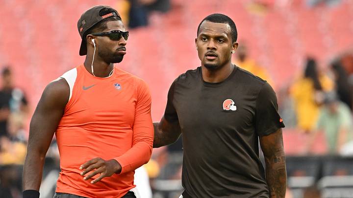 Oct 1, 2026; Cleveland, Ohio, USA;  Cleveland Browns quarterback Shedeur Sanders (2) and quarterback Deshaun Watson (4) before the game at Huntington Bank Field.  Mandatory Credit: Ken Blaze-Imagn Images