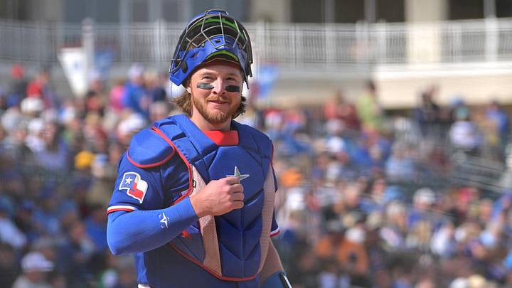 Feb 20, 2026; Surprise, Arizona, USA; Texas Rangers catcher Willie MacIver (47) in the sixth inning against the Kansas City Royals at Surprise Stadium. Mandatory Credit: Jayne Kamin-Oncea-Imagn Images Feb 20, 2026; Surprise, Arizona, USA; Texas Rangers catcher Willie MacIver (47) in the sixth inning against the Kansas City Royals at Surprise Stadium. Mandatory Credit: Jayne Kamin-Oncea-Imagn Images