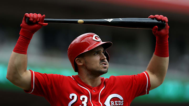 Former Cincinnati Reds left fielder Adam Duvall (23) stretches. Former Cincinnati Reds left fielder Adam Duvall (23) stretches.