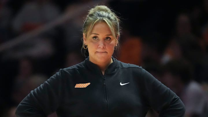 Tennessee basketball coach Kim Caldwell during the NCAA college basketball game against South Carolina on Monday, Jan. 27, 2025, in Knoxville, Tenn. Tennessee basketball coach Kim Caldwell during the NCAA college basketball game against South Carolina on Monday, Jan. 27, 2025, in Knoxville, Tenn.
