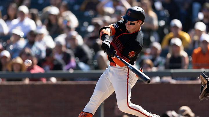 Sep 12, 2026; San Francisco, California, USA;  San Francisco Giants center fielder Drew Gilbert (0) connects for a two-run home run against the San Diego Padres during the eighth inning at Oracle Park.  Mandatory Credit: D. Ross Cameron-Imagn Images