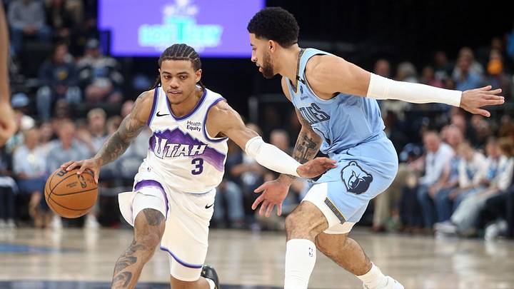 Oct 21, 2026; Memphis, Tennessee, USA; Utah Jazz guard Keyonte George (3) dribbles against Memphis Grizzlies guard Scotty Pippen Jr. (1) during the fourth quarter at FedExForum. Mandatory Credit: Petre Thomas-Imagn Images Oct 21, 2026; Memphis, Tennessee, USA; Utah Jazz guard Keyonte George (3) dribbles against Memphis Grizzlies guard Scotty Pippen Jr. (1) during the fourth quarter at FedExForum. Mandatory Credit: Petre Thomas-Imagn Images