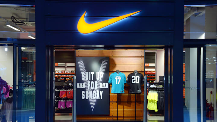 General view of the jerseys of Miami Dolphins quarterback Ryan Tannehill (17) and Oakland Raiders running back Darren McFadden (20) at the Nike Factory Outlet store at the London Designer Outlet in advance of the NFL International Series game. 