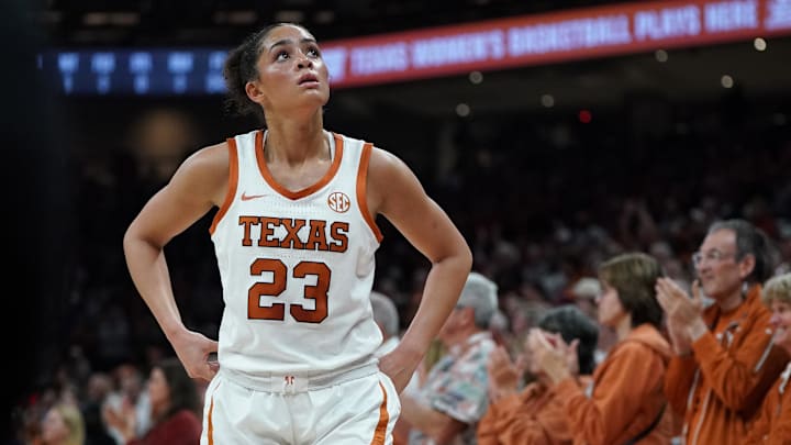 Feb 5, 2026; Austin, Texas, USA; Texas Longhorns guard Aaliyah Crump (23) between plays during the second half against the LSU Tigers at Moody Center. Mandatory Credit: Dustin Safranek-Imagn Images