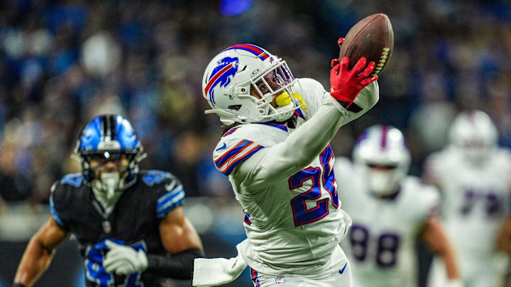 Buffalo Bills running back Ty Johnson (26) catches a pass during the first half at Ford Field in Detroit on Sunday, Dec. 15, 2024. Buffalo Bills running back Ty Johnson (26) catches a pass during the first half at Ford Field in Detroit on Sunday, Dec. 15, 2024.