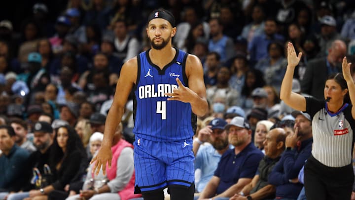 Oct 26, 2024; Memphis, Tennessee, USA; Orlando Magic guard Jalen Suggs (4) reacts after a three-point basket during the second half against the Memphis Grizzlies at FedExForum. Mandatory Credit: Petre Thomas-Imagn Images