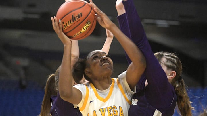 Waco La Vega's Solange Loadholt attempts to shoot the ball against Canyon in the girls basketball Class 4A state championship, Saturday, March 2, 2024, at the Alamodome in San Antonio.