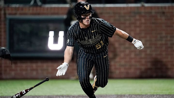 Vanderbilt shortstop Ryker Waite (51) hits a single against Tennessee during the seventh inning at Hawkins Field in Nashville, Tenn., Friday, March 27, 2026.
