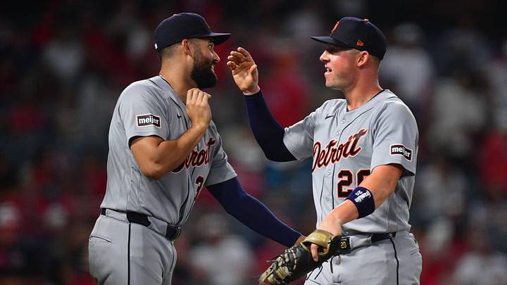 Detroit Tigers left fielder Riley Greene (31) and first baseman Spencer Torkelson (20) celebrate the victory. Credit: Gary A. Vasquez-Imagn Images Detroit Tigers left fielder Riley Greene (31) and first baseman Spencer Torkelson (20) celebrate the victory. Credit: Gary A. Vasquez-Imagn Images