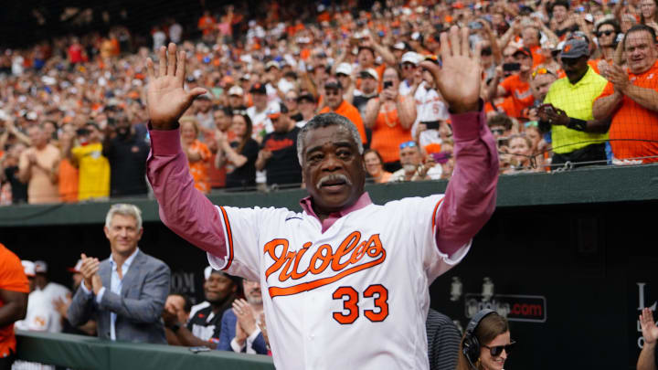 Former Baltimore Oriole and Hall of Famer Eddie Murray is introduced during pregame ceremonies honoring the 1983 World Champion Baltimore Orioles prior to the game against the New York Metsat Oriole Park at Camden Yards. Former Baltimore Oriole and Hall of Famer Eddie Murray is introduced during pregame ceremonies honoring the 1983 World Champion Baltimore Orioles prior to the game against the New York Metsat Oriole Park at Camden Yards.