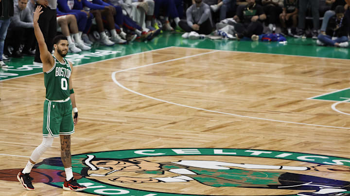 May 14, 2023; Boston, Massachusetts, USA; Boston Celtics forward Jayson Tatum (0) celebrates during the Celtics' Game 7 win vs. the Philadelphia 76ers.