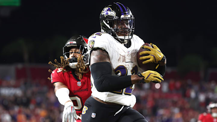Oct 21, 2024; Tampa, Florida, USA; Baltimore Ravens running back Derrick Henry (22) runs the ball for a touchdown against the Tampa Bay Buccaneers during the second half at Raymond James Stadium. Mandatory Credit: Kim Klement Neitzel-Imagn Images
