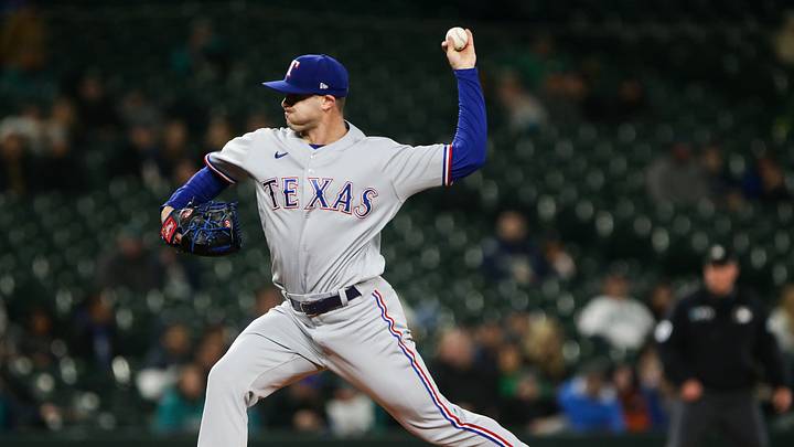 Apr 20, 2022; Seattle, Washington, USA; Texas Rangers relief pitcher John King (32) delivers during the fifth inning against the Seattle Mariners at T-Mobile Park. Mandatory Credit: Lindsey Wasson-USA TODAY Sports Apr 20, 2022; Seattle, Washington, USA; Texas Rangers relief pitcher John King (32) delivers during the fifth inning against the Seattle Mariners at T-Mobile Park. Mandatory Credit: Lindsey Wasson-USA TODAY Sports