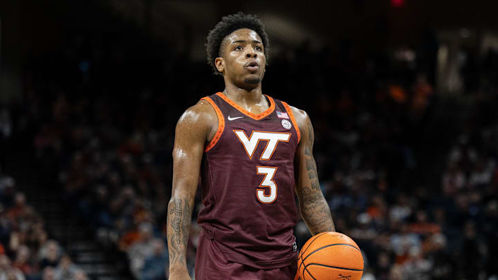 Feb 1, 2025; Charlottesville, Virginia, USA; Virginia Tech Hokies guard Jaydon Young (3) in the second half against the Virginia Cavaliers at John Paul Jones Arena. Mandatory Credit: Emily Morgan-Imagn Images