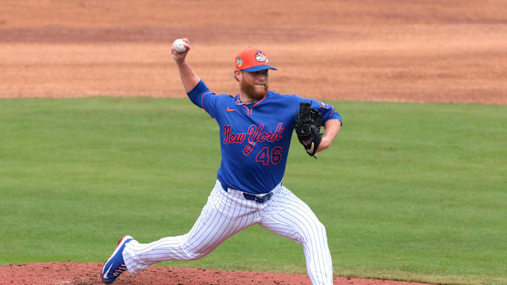 Mar 3, 2026; Port St. Lucie, FL, USA; New York Mets pitcher Craig Kimbrel (46) delivers a pitch against Nicaragua during the fourth inning at Clover Park. Mandatory Credit: Sam Navarro-Imagn Images