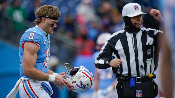 Tennessee Titans quarterback Will Levis (8) heads out to warm up before the game against the Houston Texans at Nissan Stadium in Nashville, Tenn., Sunday, Jan. 5, 2025.