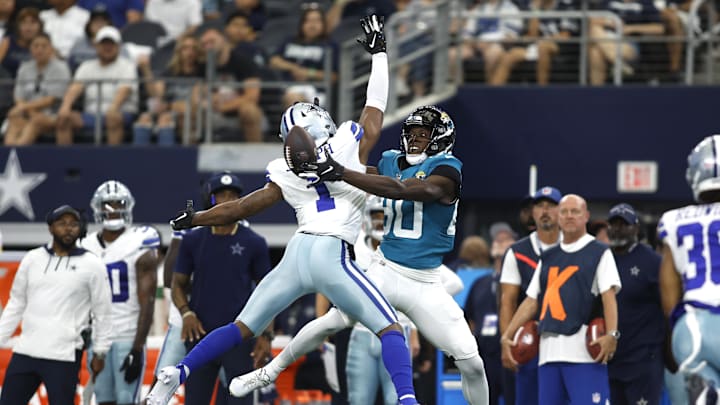 Jacksonville Jaguars wide receiver Kevin Austin Jr. cannot catch a pass against Dallas Cowboys cornerback Kelvin Joseph Jacksonville Jaguars wide receiver Kevin Austin Jr. cannot catch a pass against Dallas Cowboys cornerback Kelvin Joseph