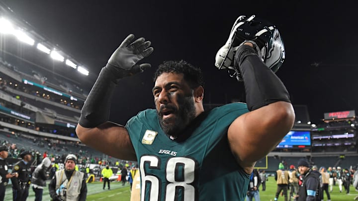 Philadelphia Eagles offensive tackle Jordan Mailata (68) walks off the field after win against the Washington Commanders.