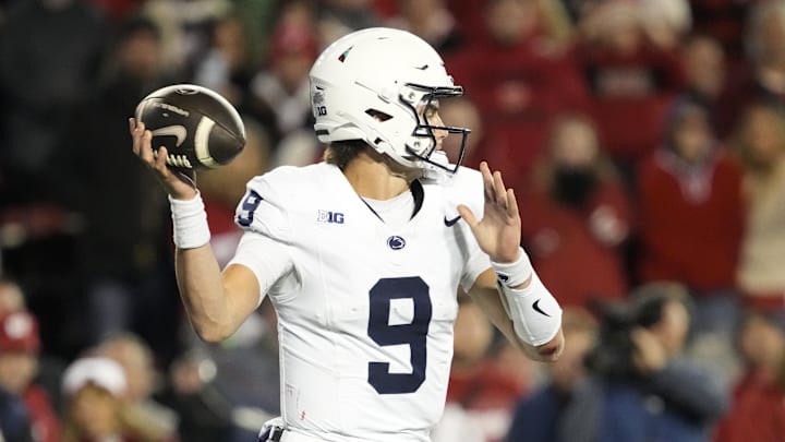 Oct 26, 2024; Madison, Wisconsin, USA;  Penn State Nittany Lions quarterback Beau Pribula (9) throws a pass during the third quarter against the Wisconsin Badgers at Camp Randall Stadium.