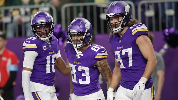 Minnesota Vikings wide receiver Jalen Nailor (83) celebrates scoring a touchdown with teamates during their football game against the Green Bay Packers Sunday, December 29, 2024, at U.S. Bank Stadium in Minneapolis, Minnesota.
