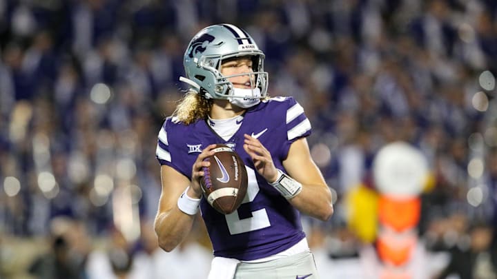 Nov 16, 2024; Manhattan, Kansas, USA; Kansas State Wildcats quarterback Avery Johnson (2) drops back to pass against the Arizona State Sun Devils during the first quarter at Bill Snyder Family Football Stadium. Mandatory Credit: Scott Sewell-Imagn Images