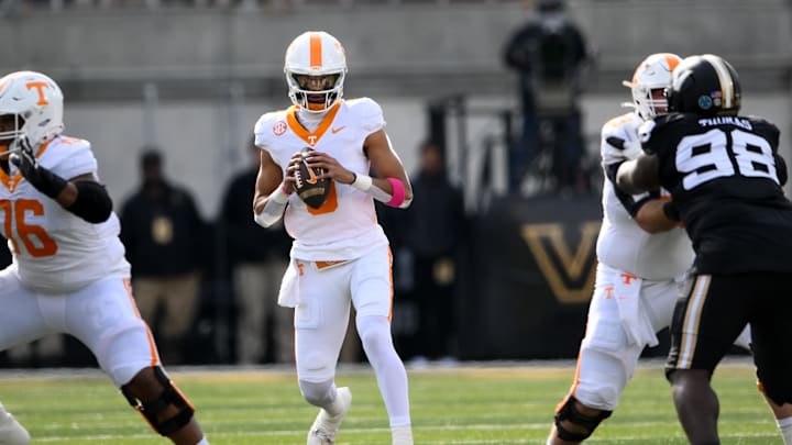 Nov 30, 2024; Nashville, Tennessee, USA;  Tennessee Volunteers quarterback Nico Iamaleava (8) stands in the pocket against the Vanderbilt Commodores during the first half at FirstBank Stadium. Mandatory Credit: Steve Roberts-Imagn Images