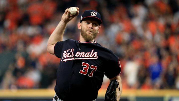 Washington Nationals' Navy Blue Script Jersey Worn During 2019 Postseason Run. Washington Nationals' Navy Blue Script Jersey Worn During 2019 Postseason Run.