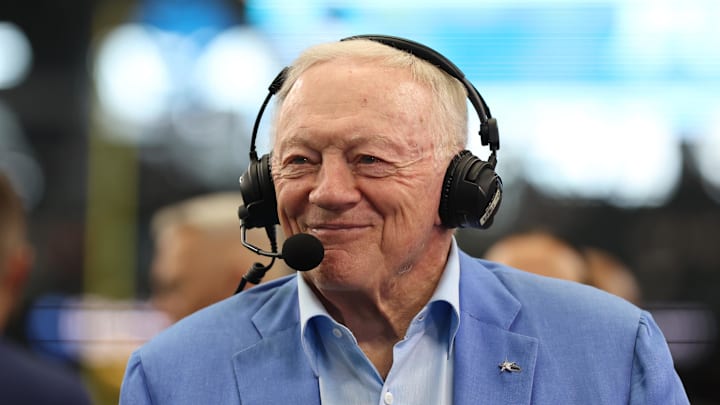 Aug 24, 2024; Arlington, Texas, USA; Dallas Cowboys owner Jerry Jones talks to the media before the game against the Los Angeles Chargers at AT&T Stadium. Mandatory Credit: Tim Heitman-Imagn Images