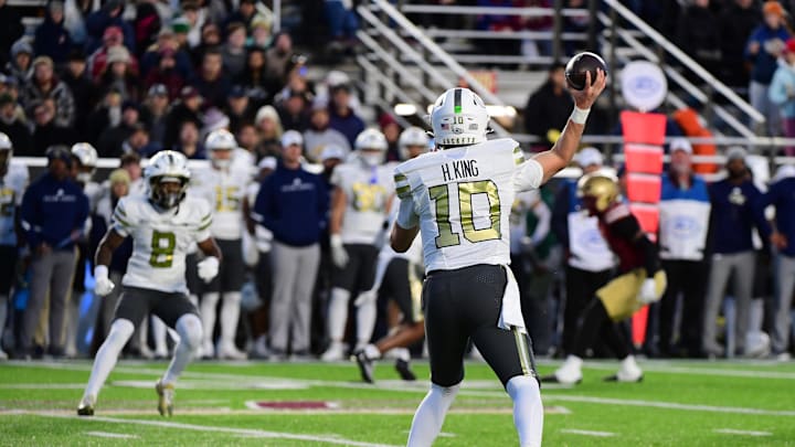 Nov 15, 2025; Chestnut Hill, Massachusetts, USA; Georgia Tech Yellow Jackets quarterback Haynes King (10) passes the ball during the first half against the Boston College Eagles at Alumni Stadium. Mandatory Credit: Bob DeChiara-Imagn Images