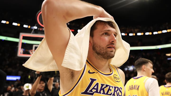 Mar 19, 2026; Miami, Florida, USA; Los Angeles Lakers guard Luka Doncic (77) after 60 point game against the Miami Heat at Kaseya Center. Mandatory Credit: Isabella Frias-Imagn Images