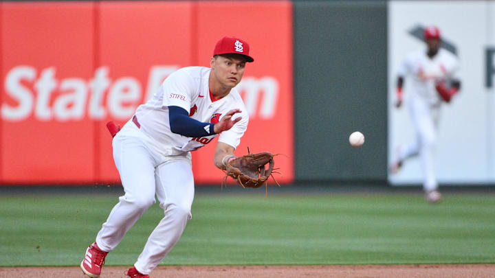 Mar 30, 2026; St. Louis, Missouri, USA; St. Louis Cardinals second baseman JJ Wetherholt (26) fields a ground ball against the New York Mets during the first inning at Busch Stadium. Mandatory Credit: Jeff Curry-Imagn Images