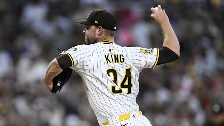 Oct 8, 2024; San Diego, California, USA; San Diego Padres pitcher Michael King (34) throws in the first inning during game three of the NLDS for the 2024 MLB Playoffs against the Los Angeles Dodgers at Petco Park.  Mandatory Credit: Denis Poroy-Imagn Images