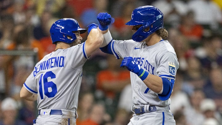 Jul 5, 2022; Houston, Texas, USA; Kansas City Royals left fielder Andrew Benintendi (16) celebrates