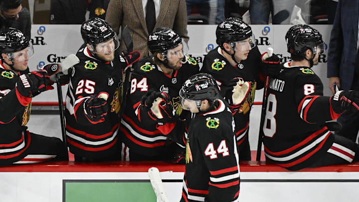 Mar 20, 2026; Chicago, Illinois, USA; Chicago Blackhawks defenseman Wyatt Kaiser (44) celebrates with teammates after he scores against the Colorado Avalanche during the second period at United Center. Mandatory Credit: Matt Marton-Imagn Images Mar 20, 2026; Chicago, Illinois, USA; Chicago Blackhawks defenseman Wyatt Kaiser (44) celebrates with teammates after he scores against the Colorado Avalanche during the second period at United Center. Mandatory Credit: Matt Marton-Imagn Images