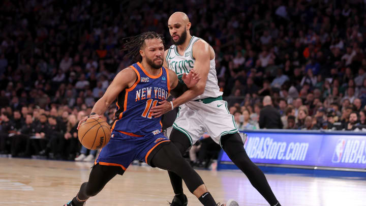 Feb 24, 2024; New York, New York, USA; New York Knicks guard Jalen Brunson (11) drives to the basket against Boston Celtics guard Derrick White (9) during the third quarter at Madison Square Garden. Mandatory Credit: Brad Penner-USA TODAY Sports Feb 24, 2024; New York, New York, USA; New York Knicks guard Jalen Brunson (11) drives to the basket against Boston Celtics guard Derrick White (9) during the third quarter at Madison Square Garden. Mandatory Credit: Brad Penner-USA TODAY Sports