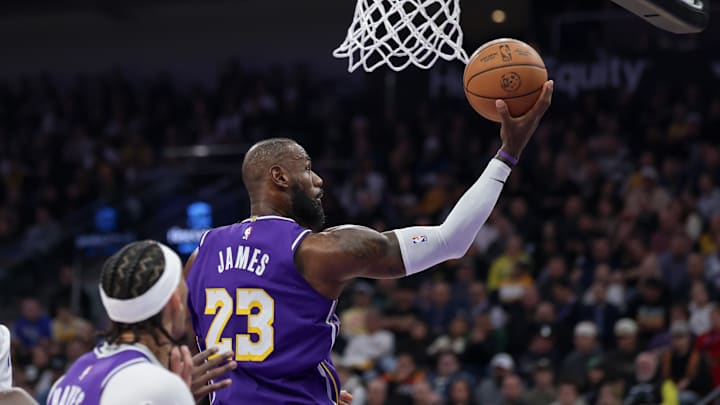 Dec 18, 2025; Salt Lake City, Utah, USA;  Los Angeles Lakers forward Lebron James (23) shoots during the second quarter against the Utah Jazz at Delta Center. Mandatory Credit: Chris Nicoll-Imagn Images