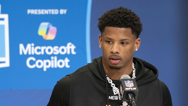 Feb 28, 2025; Indianapolis, IN, USA; Texas wideout Matthew Golden (WO16) speaks during a press conference at Feb 28, 2025; Indianapolis, IN, USA; during the 2025 NFL Combine at Indiana Convention Center. Mandatory Credit: Stephanie Amador Blondet-Imagn Images