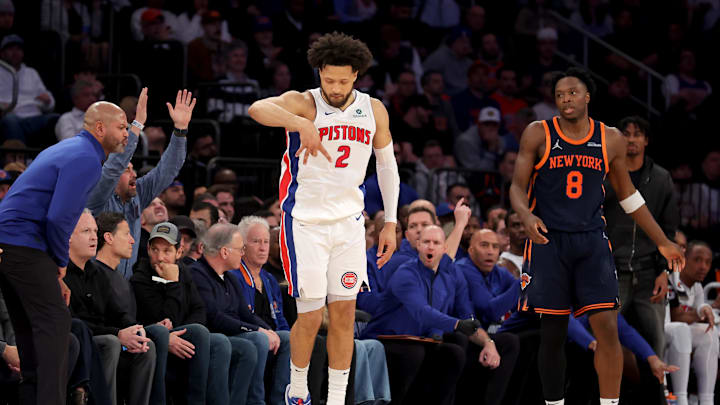 Apr 21, 2025; New York, New York, USA; Detroit Pistons guard Cade Cunningham (2) celebrates his three point shot against New York Knicks forward OG Anunoby (8) during the second quarter of game two of the first round of the 2024 NBA Playoffs at Madison Square Garden. Mandatory Credit: Brad Penner-Imagn Images