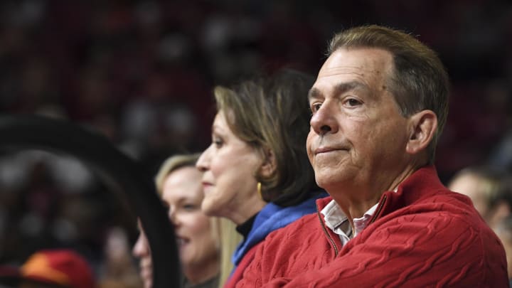 Feb 17, 2024; Tuscaloosa, Alabama, USA;  Alabama Crimson Tide former head football coach Nick Saban looks on during a basketball game between Alabama and the Texas A&M Aggies at Coleman Coliseum. Mandatory Credit: Gary Cosby Jr.-USA TODAY Sports