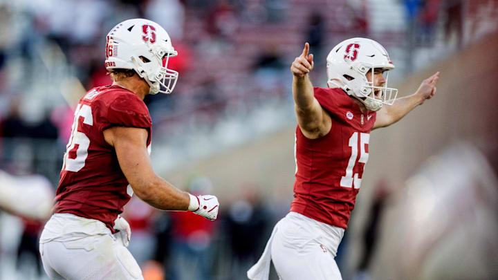 Stanford celebrates its 38–35 upset win over No. 22 Louisville on Nov. 16, 2024.