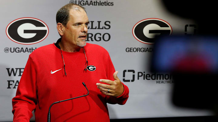 Georgia Offensive Coordinator Mike Bobo speaks to the media about the start of the season in Athens, Ga., on Thursday, Aug. 10, 2023.
