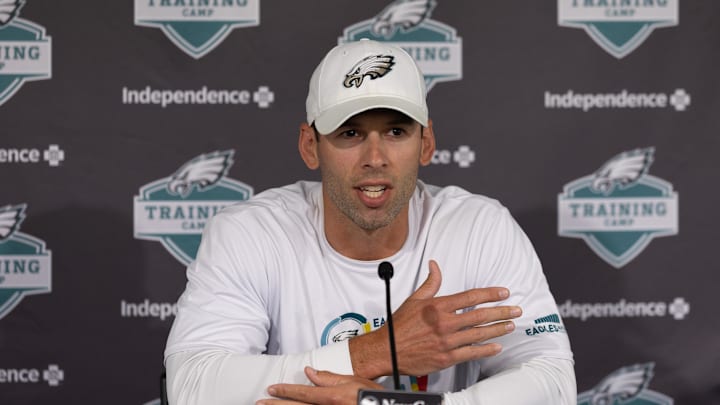 Jul 29, 2022; Philadelphia, PA, USA; Philadelphia Eagles defensive coordinator Jonathan Gannon speaks with the media at training camp at NovaCare Complex. Mandatory Credit: Bill Streicher-Imagn Images