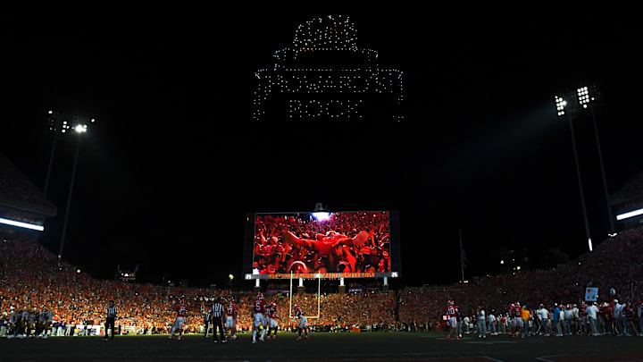 A drone show goes off during the Clemson/LSU clash in August 2025. 