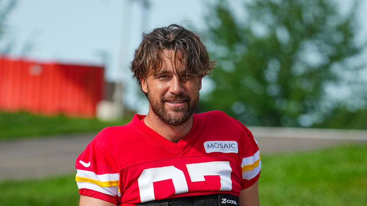 Jul 22, 2025; St. Joseph, MO, USA; Kansas City Chiefs tight end Travis Kelce (87) walks down the hill to the fields prior to training camp at Missouri Western State University. Mandatory Credit: Denny Medley-Imagn Images