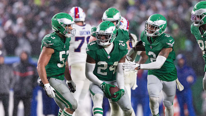 Nov 26, 2023; Philadelphia, Pennsylvania, USA; Philadelphia Eagles cornerback James Bradberry (24) celebrates with cornerback Darius Slay (2).